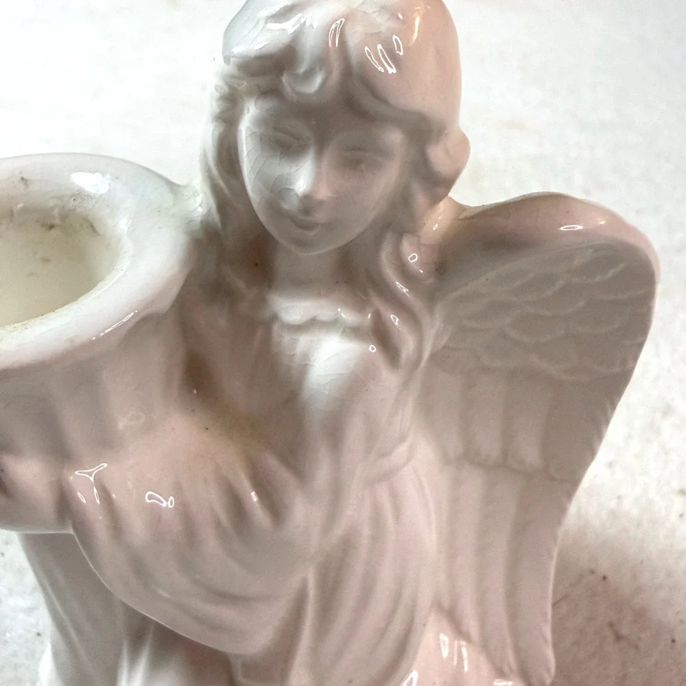 Vintage Norcrest Angel Candle Holder Set White Ceramic Mid Century Cottage Japan